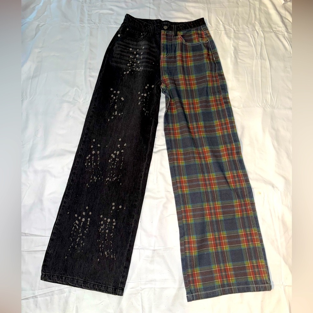Dolls kill current mood plaid and paint splatter jeans